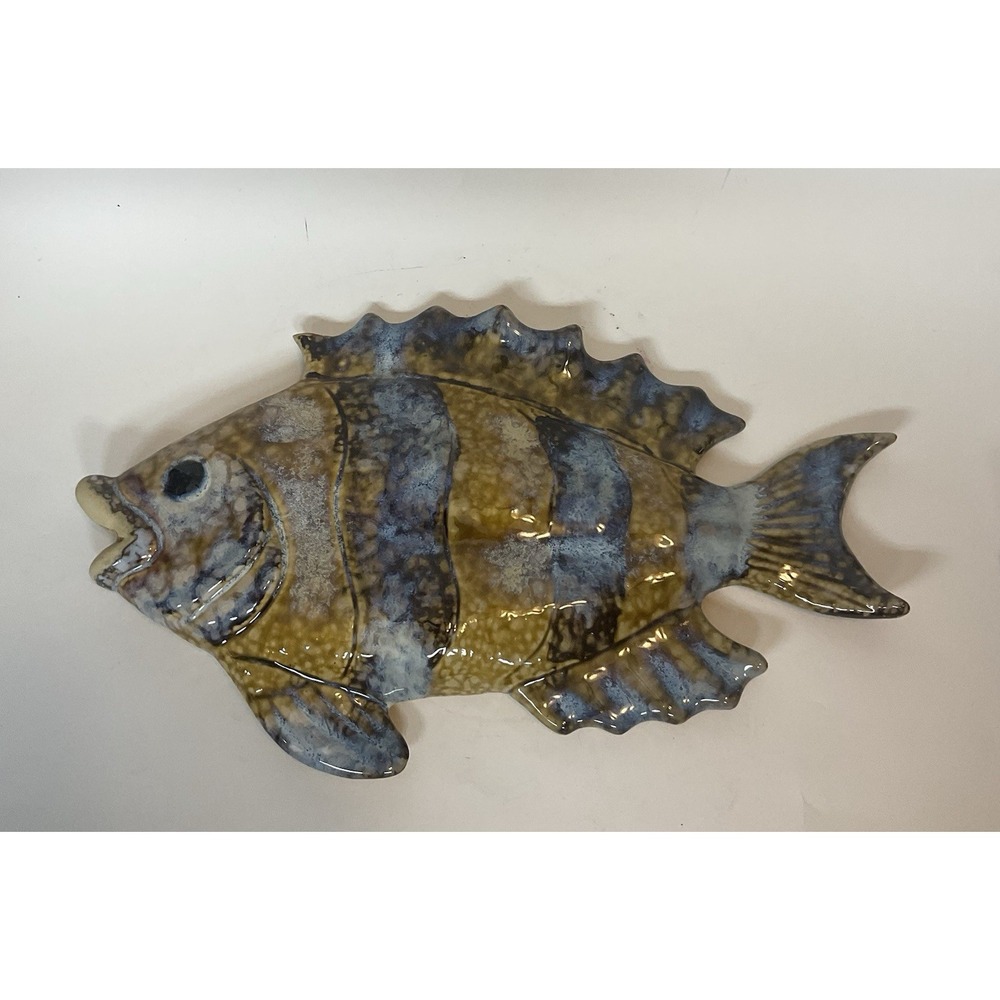Vintage Ceramic Blue Brown Glazed Fish Art‎ Pottery Stoneware Hanging Plaque
